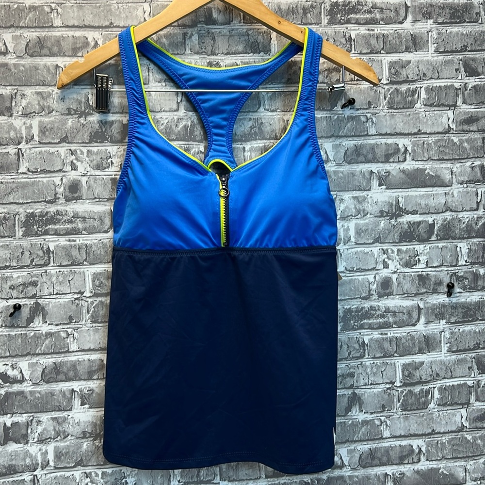 Women’s Blue Two-Tone Racerback Swim Top with Front Zip